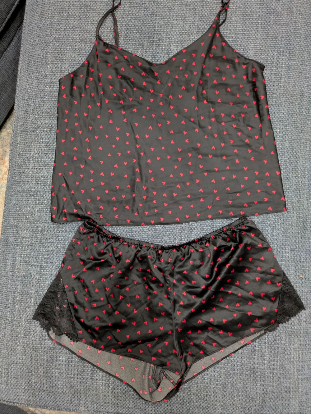 Black Satin Heart-Print Cami & Shorts Sleep Set - Red Hearts